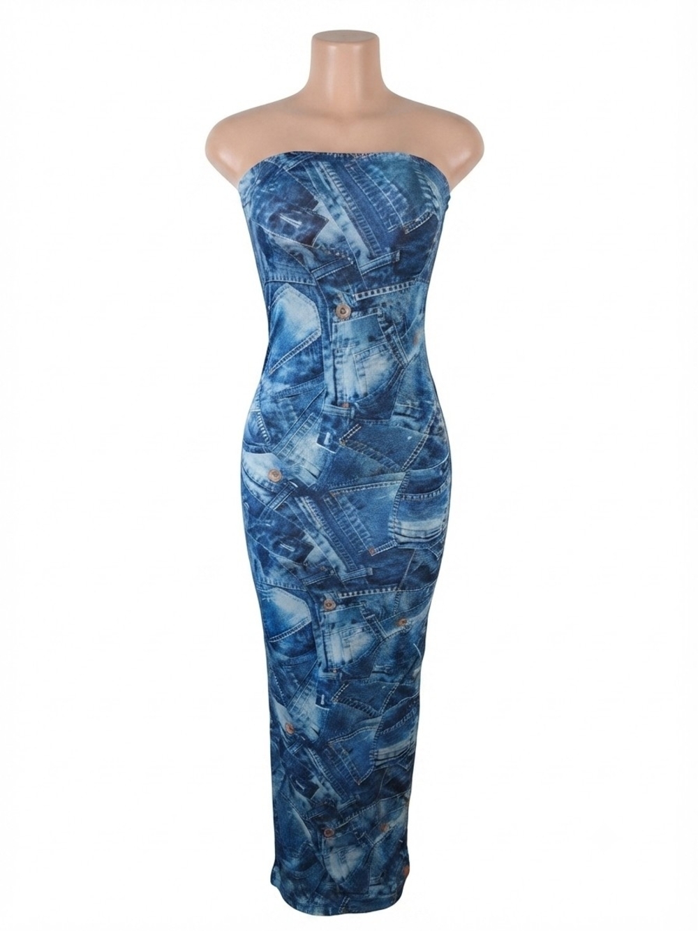 Strapless Blue Denim-Print Bodycon Maxi Dress
